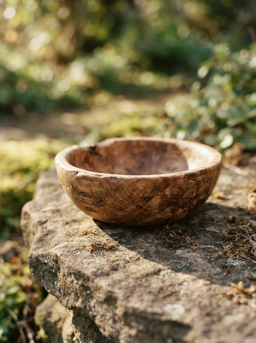 Met de hand gemaakte houten kom op een natuurlijk stenen oppervlak in zonlicht