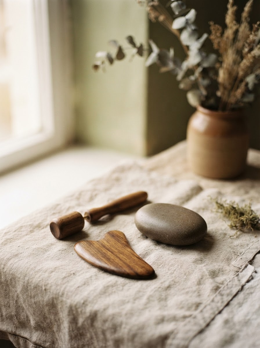 Natuurlijke steen en hout wellness objecten gerangschikt op een linnen doek in zacht ochtendlicht