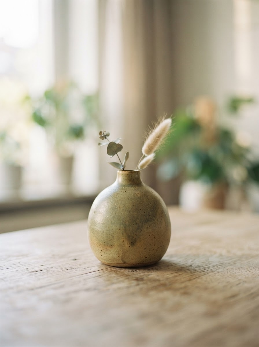 Minimalistische keramische vaas op een lichte houten tafel in ochtendzonlicht