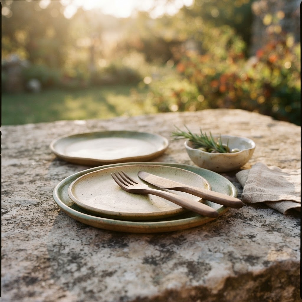 Minimalistische met de hand gemaakte keramische borden en houten bestek gerangschikt op een natuurlijke stenen tafel in gouden uur licht