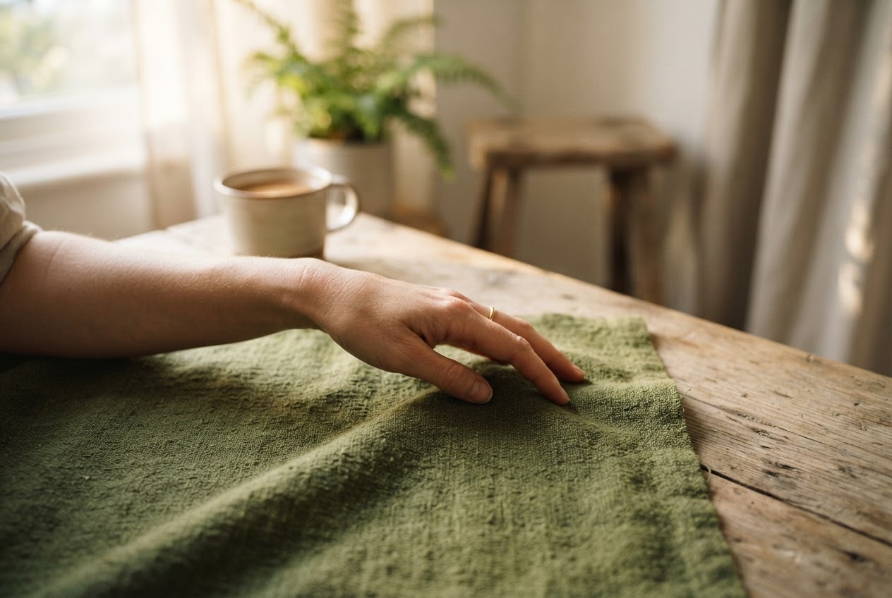 Een hand die zacht rauwe natuurlijke stof aanraakt op een houten oppervlak in ochtendzonlicht