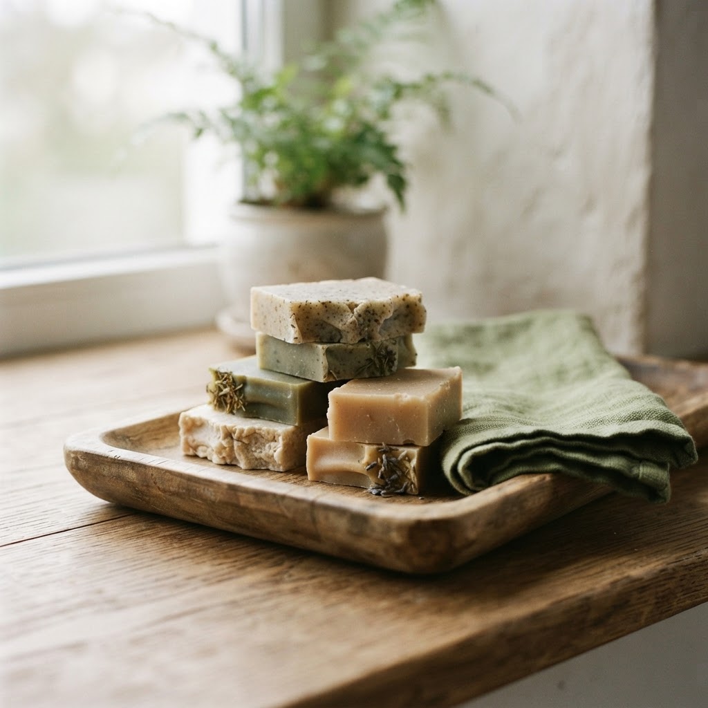 Natuurlijke met de hand gemaakte zeep en gevouwen linnen handdoek op een houten dienblad in zacht ochtendlicht