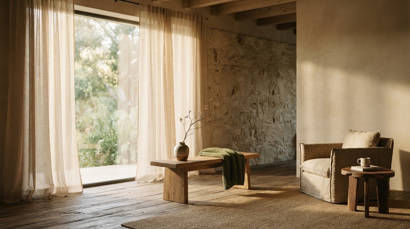 Minimalistische natuurlijke interieur met linnen gordijnen en zacht ochtendlicht
